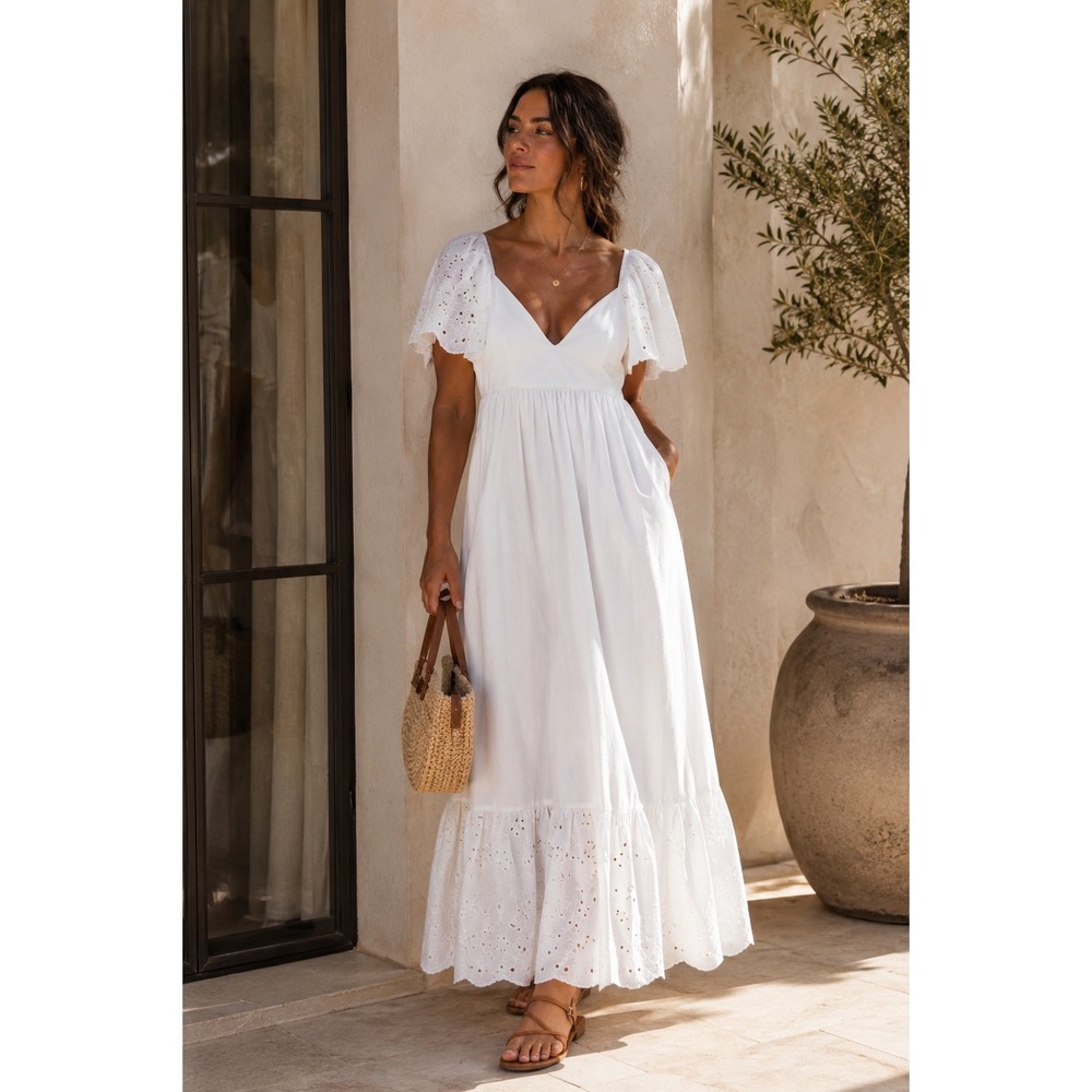En Saison White Eyelet V-Neck Maxi Dress
